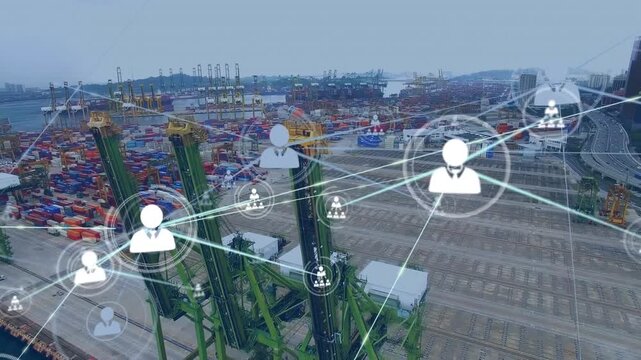 Network of profile icons against aerial view of the port