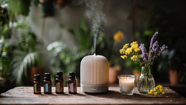 photo of aromatherapy diffusers, essential oil bottles, and candles on the table in front of an aroma javier round humidifier with smoke coming out of it, in the style of cri. 