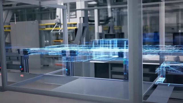 Factory control room with a large transparent glass partition and blue digital interface featuring industrial, technology, manufacturing with