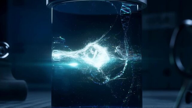 Tank laboratory with a glowing dark biological specimen inside a glass container featuring science, technology, lab equipment with biotechnology and