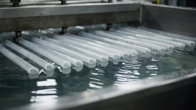Medium shot of small diameter plastic pipes moving steadily through a cooling bath with clear water highlighting the fine extrusion process and precise solidification.