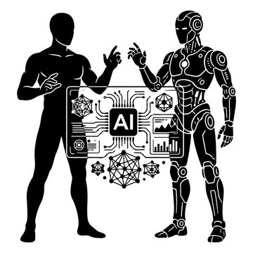 Human and AI Humanoid Robot Operating Virtual Holographic Control Panel