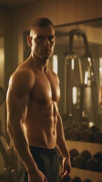 Muscular man flexing in gym with mirror reflection and dumbbells