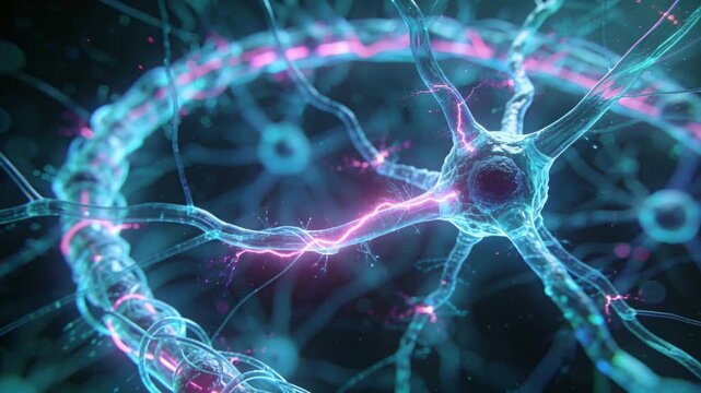Neuron soma receiving magenta pulse along dendrite, sending sparks and lighting network for science