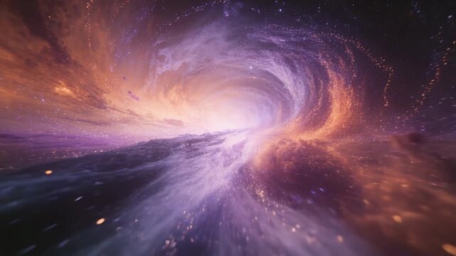 Deepening spiral driving camera plunging through nebula tunnel, with swirling vortex and debris