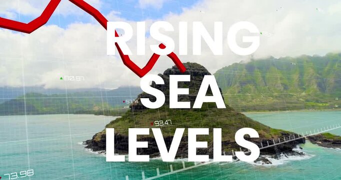 Animation of rising sea levels over financial graph and seascape