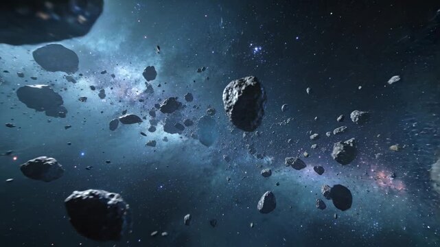 Camera advancing, cluster of cratered asteroids gliding past in nebula, creating parallax VFX