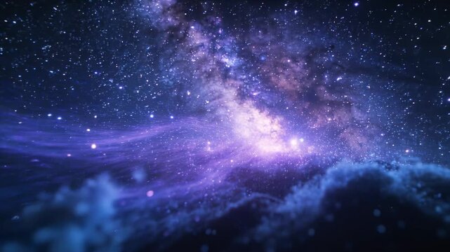 Advancing camera showing galaxy core gliding past dark ridge with violet nebula and particles