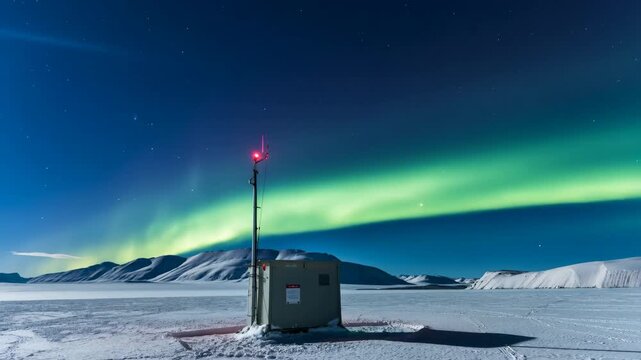Sensor station remote under the northern lights with red beacon light on top in snowy landscape featuring aurora borealis, winter, cold with frozen