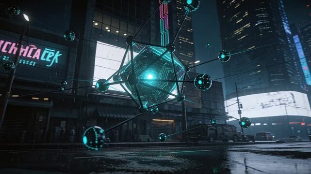 Glowing polyhedral device powering up over wet neon street, orbiting spheres scanning for tech scan