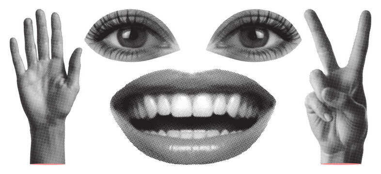 Set of retro halftone parts of body. Trendy halftone eyes, mouth, open hand, peace sign collection. Halftone collage elements. Vector illustration.