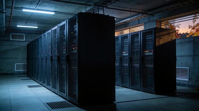 Flashing server racks indicating power flow, showing status LEDs in equipment room with cable trays
