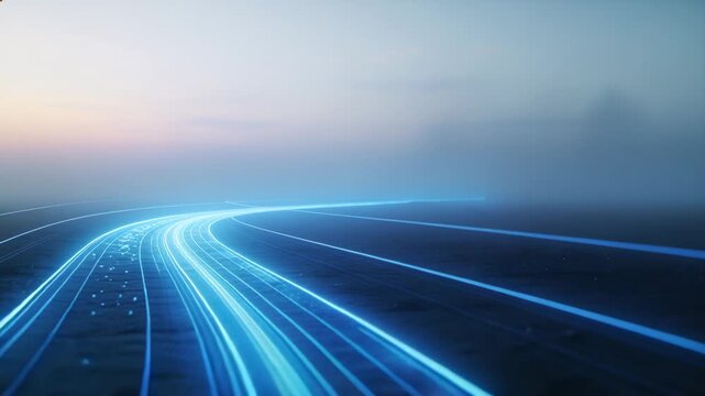Moving neon-blue light trails curving to misty horizon as camera moving forward, sparkling on road