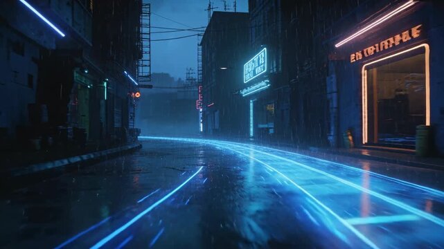 Glowing blue trail emerging distance, moving through neon street, reflecting wet road for tech demo