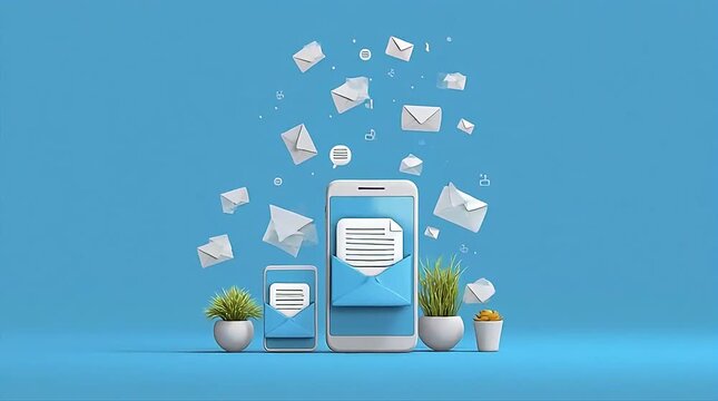 Digital communication concept with smartphones, floating envelopes, and messages on a blue background.