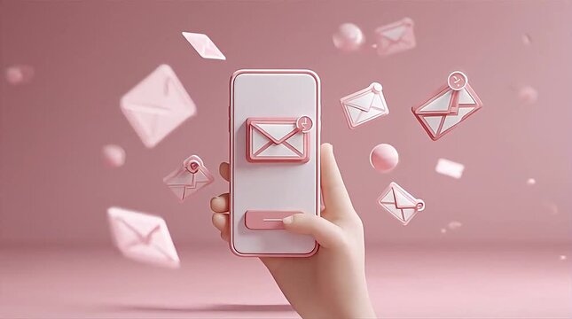 A hand holding a smartphone displaying an email icon, surrounded by floating pink mail envelopes and notification bubbles, symbolizing digital communication and mobile technology.