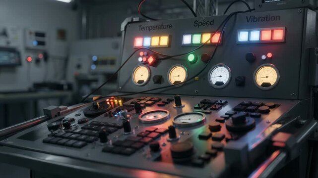 Medium shot showing alert indicator lights flashing above a control panel signaling abnormal sensor readings for temperature speed and vibration in a smart monitoring system.