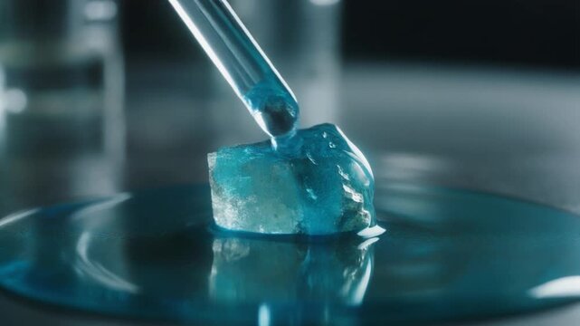 Chemical Erosion 4K Macro of Acid Dissolving Mineral Crystal on Laboratory Table