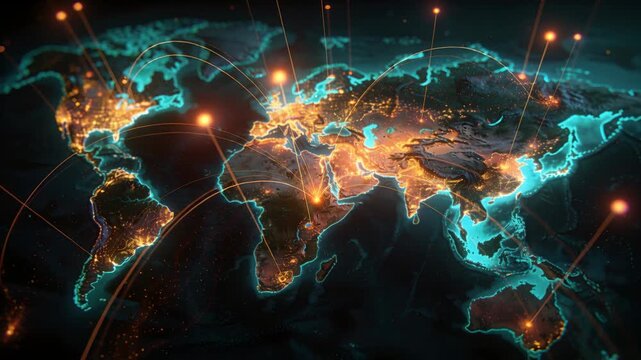 Stylized 3D world map shifting as light pins appearing launching glowing arcs, showing global links