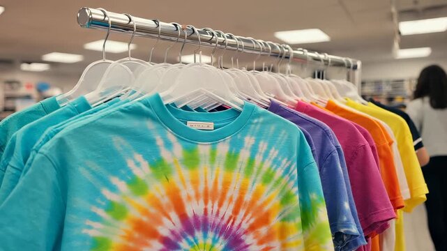 Colorful Tie-Dye T-Shirts Hanging on Rack, Vibrant Pattern, Handmade Apparel, Fashion Textile Display, Creative Design Elements