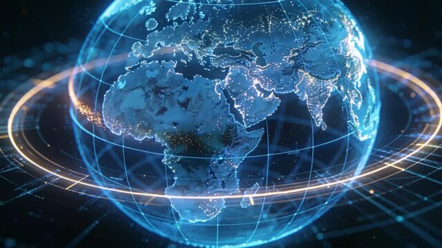 On start centering South Asia, hologram globe rotating, tilting, rings orbiting, trail tracing data