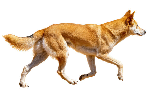 Graceful dingo walking with focus, an Australian wild dog in profile with alert ears