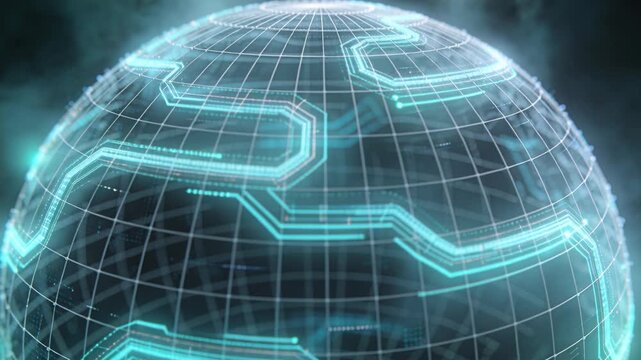 Holo globe pulsing as camera shifting downright, showing neon circuits and nodes mapping data tech