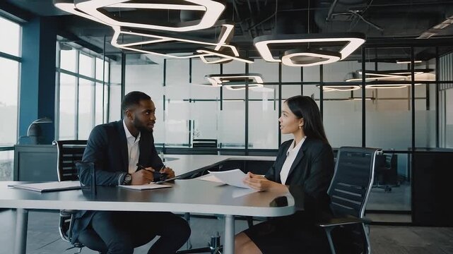 A video clip showing a business meeting between two professionals in a modern office. The camera pans and tracks as they discuss documents at a sleek table, illuminated by stylish overhead lights.