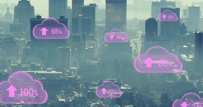 Animation of clouds icons over cityscape