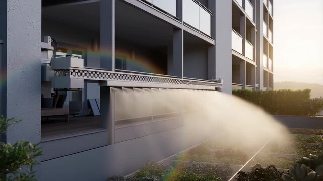 Irrigation system automated with mist spraying out water on plants in front of modern building exterior, with rainbow effect.
