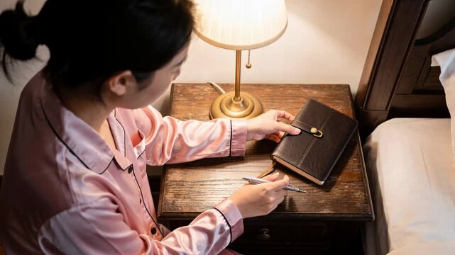 Reaching woman in pink pajamas opening journal, journaling at bedside closing strap with silver pen