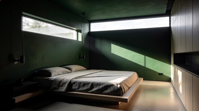 Dawn sun entering window sweeping wall, casting mullion shadow, lighting bed, marking time, design
