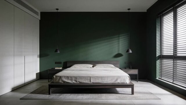 Platform bed in bedroom, sunlight entering blinds casting stripes across green wall for interiors