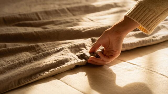 Sunlight drawing right hand wearing knit cuff pinching, pulling, smoothing linen hem on bed