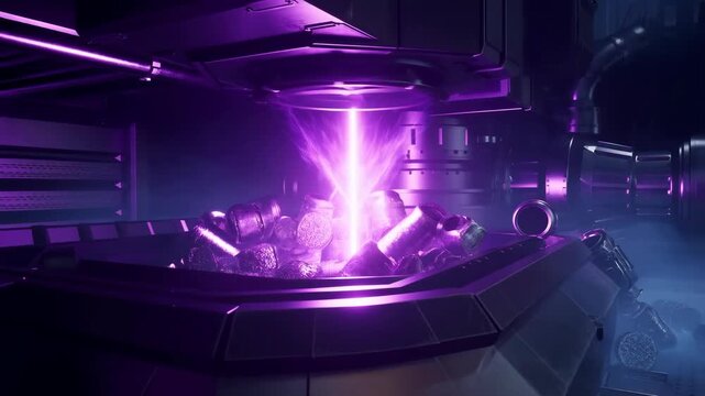 Plasma gasification plant with glowing purple core and industrial machinery featuring technology, energy production, waste management with futuristic