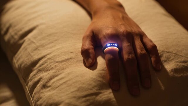 Male hand making small finger moves on pillow, smart ring LEDs pulsing, showing device status