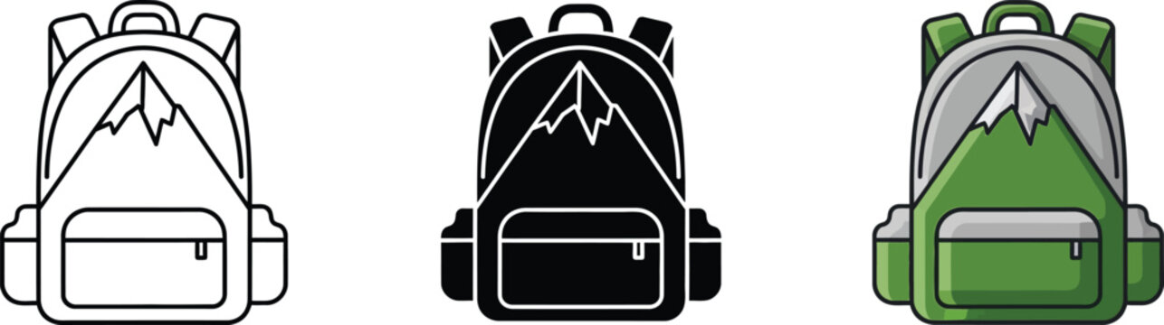 Colorful backpack designs with mountain logo on white background
