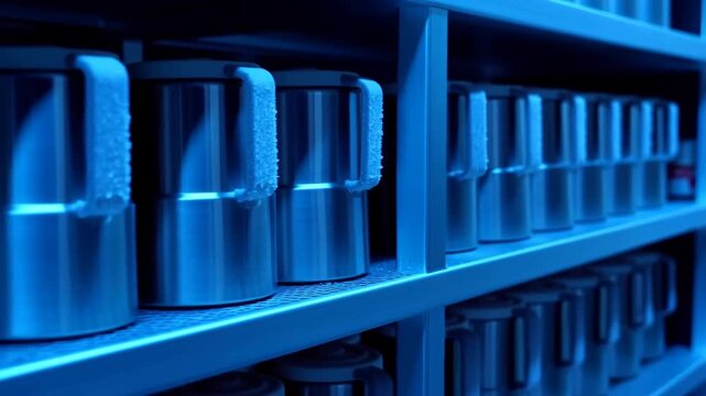 Vault seed storage with rows of metallic blue containers on shelves featuring genetic repository, conservation, preservation with plant genetics and