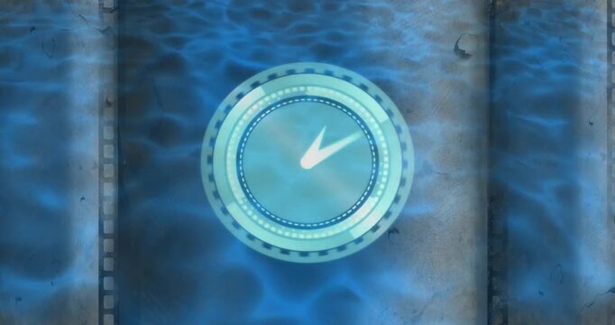 Animation of clock moving fast over blue pattern background