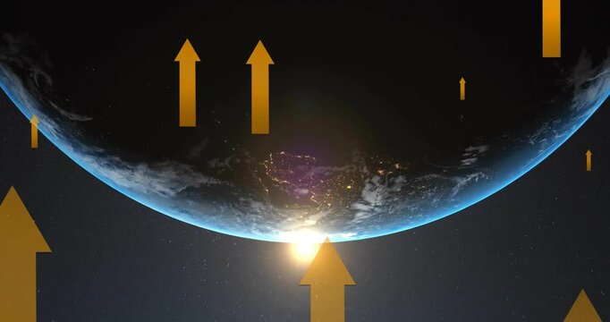 Animation of orange upward arrows over sun and globe in space