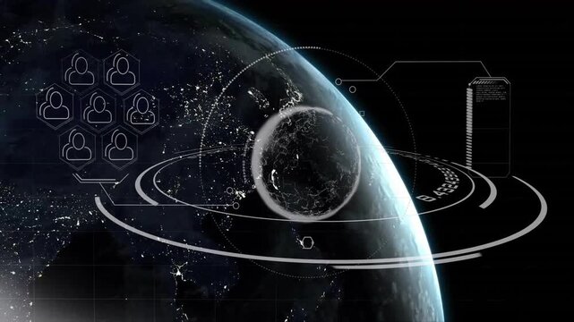 Translucent digital spherical network orb floating over night Earth, showing telemetry rings