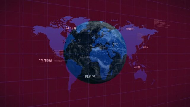 3D Earth globe floating in tech data visualization, featuring numeric labels and flat map