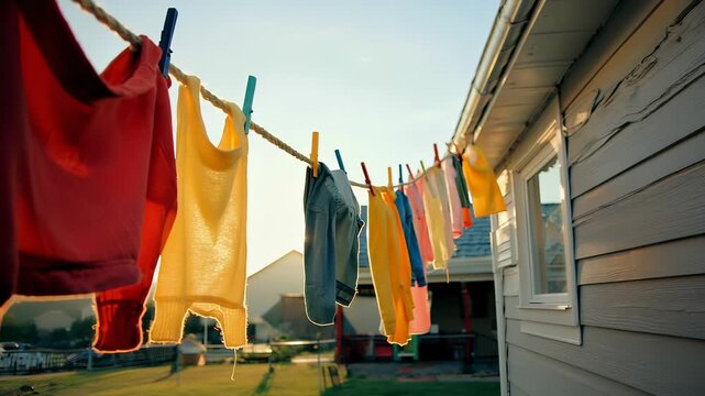 Colorful baby clothes hanging on a clothesline outdoors, showcasing childhood, domesticity, and playful springtime textures in bright daylight.