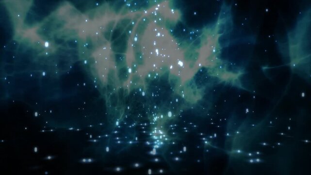 Nebula pulsing, particles streaming down, striking dark floor and creating shimmering ambient glow