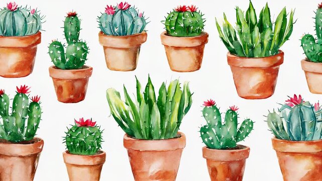 Watercolor Illustration of Various Succulent Cacti in Terracotta Pots, Botanical Design, Minimalist Home Decor, Plant Lovers Gift.