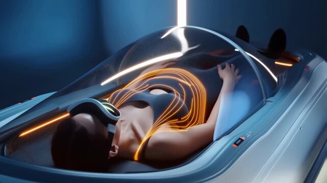 Cryo chamber futuristic with a woman lying inside and orange lines glowing featuring cryotherapy, cryonic, preservation with medical and technology