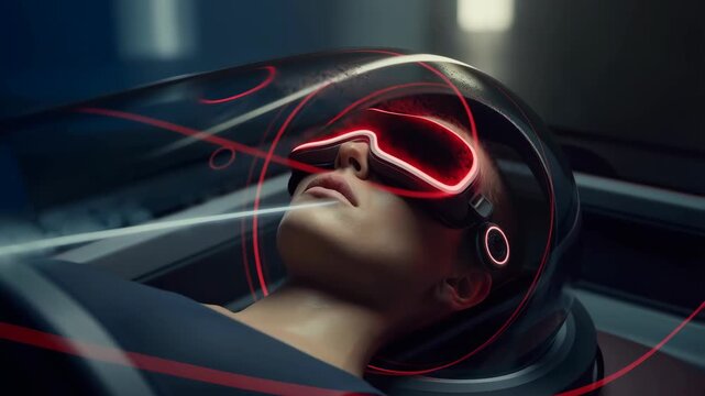 Chamber cryo futuristic with a woman lying inside and wearing VR headset featuring virtual reality, cryotherapy, cryogenic with freezing and cold