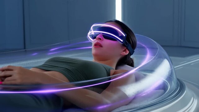 Cryo chamber with a woman lying inside, surrounded by purple neon lights and futuristic equipment for medical treatment or relaxation.