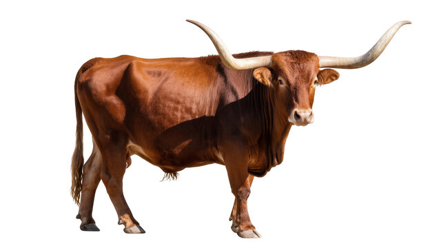 Magnificent brown Texas Longhorn cattle with impressive long curving horns, full body
