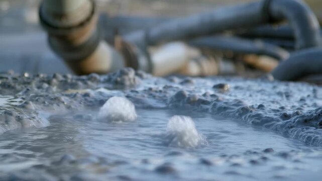 Mud pool bubbling with geothermal activity and industrial pipes in the background showing natural hot spring formation